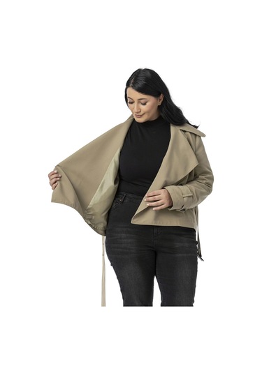 Büyük Beden Mono Yaka Kemerli Astarlı Kısa Çağla Yeşili Trençkot Çağla Yeşili