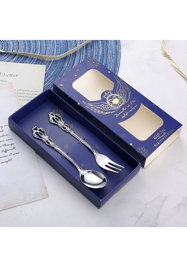 Sones 2 Adet / Paket Retro Ajurlu Oymalı Tatlı Kaşığı Çatal Seti Oymalı Çatal Bıçak Takımı Hediye Kutusu, Stil: Mavi Kutu Diğer