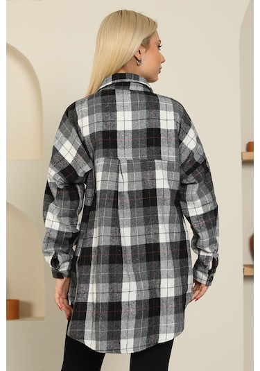 Nurneva Oduncu Kumaş Ekose Desen Oversize Gömlek Siyah-siyah Siyah
