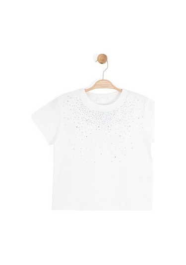 Zekids Kız Çocuk Taş İşlemeli Pamuklu T-shirt-16310 Ekru