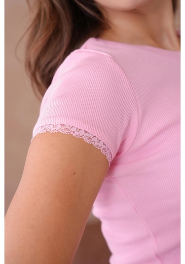 Dantel Detaylı Örme Body Bluz Pembe