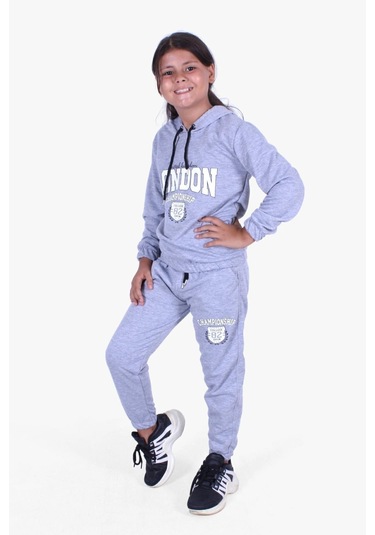 Fyk Kids Kız Çocuk Yuvarlak Yaka Baskılı Eşofman Takımı Gri Melanj