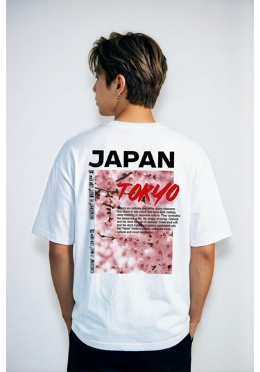 Hoxie Unisex Beyaz Oversize Tişört - Minimal Tokyo Tipografi Baskılı