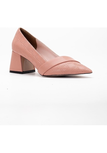 Kadın Topuklu Ayakkabı Pudra Baskılı Deri Yanyüzlü Sivri Kalıp-3578 Pudra