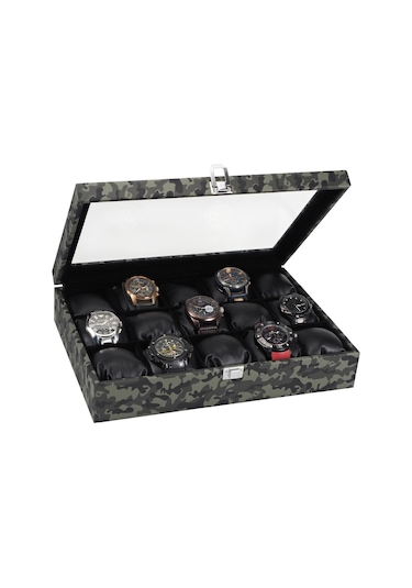 Chavin 15Li Kamuflaj Lüx Seri Ahşap Camlı Saat Kutusu St15-53