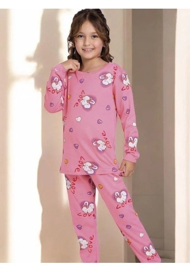Kız Çocuk Pamuklu Tavşan Desenli Pijama Takımı-14919 Pembe