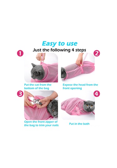Geeksen Kedi Yıkama Torbası - Kaşıntı Ve Isırık Koruyucu, İlaçlama, Tırnak Kesme, Kulak Temizleme İçin Elastik Mesh Malzeme Pembe