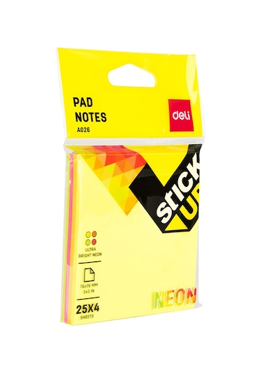 Deli Yapışkanlı Not Kağıdı Neon 76 76mm 3 3 4 25yp A02602