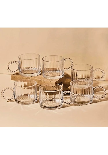 6 Lı Boncuk Desen Kulplu Cam Kupa 300 Cc Beyaz