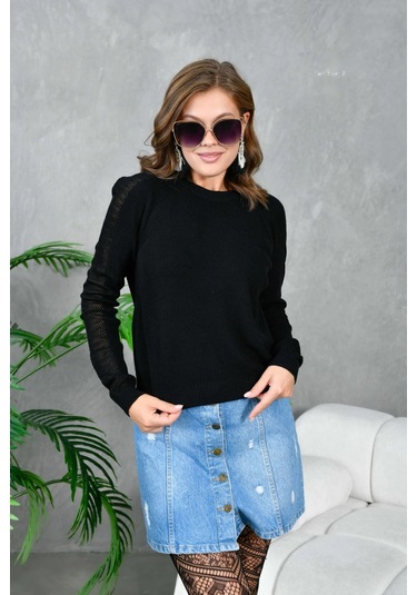 Kadın Bisiklet Yaka Kolları Ajurlu Basic Triko Kazak Siyah
