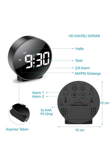 Monozone Dekoratif Yuvarlak Siyah Dijital Led Masa Saati Usb