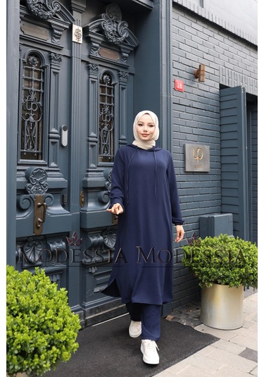 Kadın Lacivert Aerobin Uzun Kapşonlu İkili Takım T0219 Lacivert