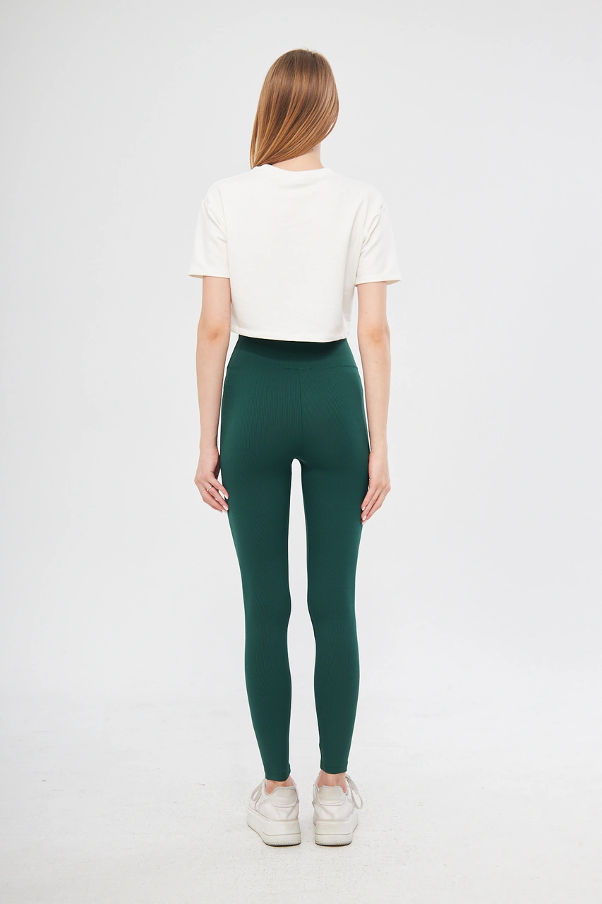 Bej Yüksek Bel Fitilli Toparlayıcı Interlok Örme Spor Dar Paça Kadın Tayt Zümrüt Yeşili