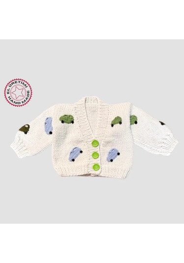 Uretti - Gülnur 2184 - 0374 El Örgüsü Araba Motifli Erkek Çocuk Hırka 3 Yaş - Beyaz Beyaz