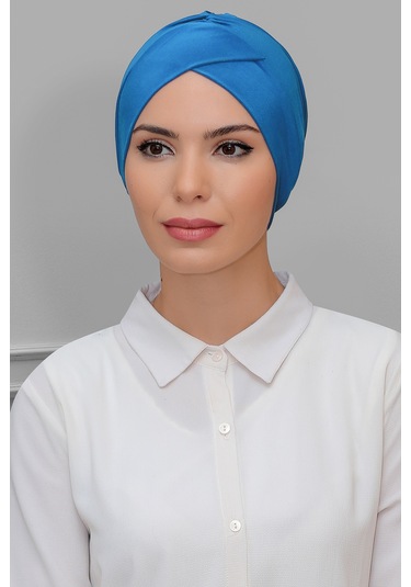 Mavi Pratik Hazır Geçmeli Tesettür Bone Sandy Kumaş Çapraz Büzgül Çok Renkli