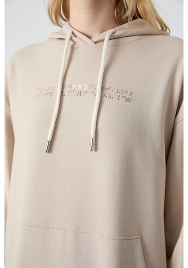 Tommy Life Bej Kapüşonlu Kanguru Cep Oversize Lastik Paça Kadın Eşofman Takımı - 95288 Bej