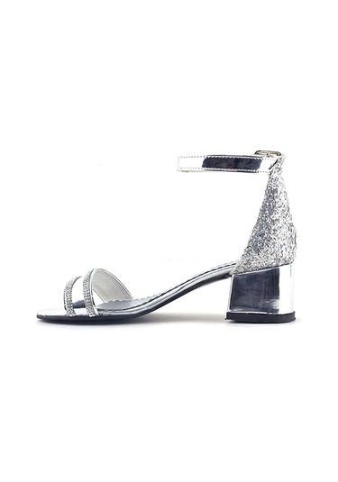 Elsa Gümüş Aynalı Simli Kalın Topuklu Parlak Taşlı Kız Çocuk Abiye Ayakkabı Gümüş
