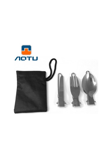 Aotu At6387 Dış Mekan Paslanmaz Çelik Katlanabilir Bıçak + Çatal + Kaşık Kamp, Yürüyüş Vb. İçin 3'ü 1 Arada Set.