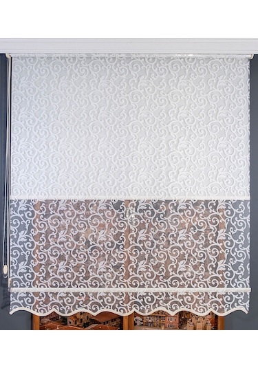 Desenli Çift Mekanizmalı Tül Stor Perde Beyaz