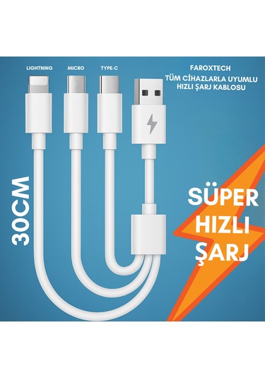 3 Ü 1 Arada Şarj Kablosu 30 Cm 3.1a Hızlı Şarj, Lightning + Micro Usb + Type-c