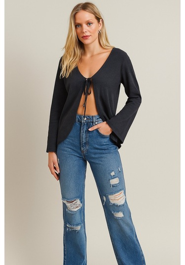 Kadın Antrasit Gri Tam Kalıp Ceket Önden Bağlamalı İspanyol Kol Ceket Antrasit