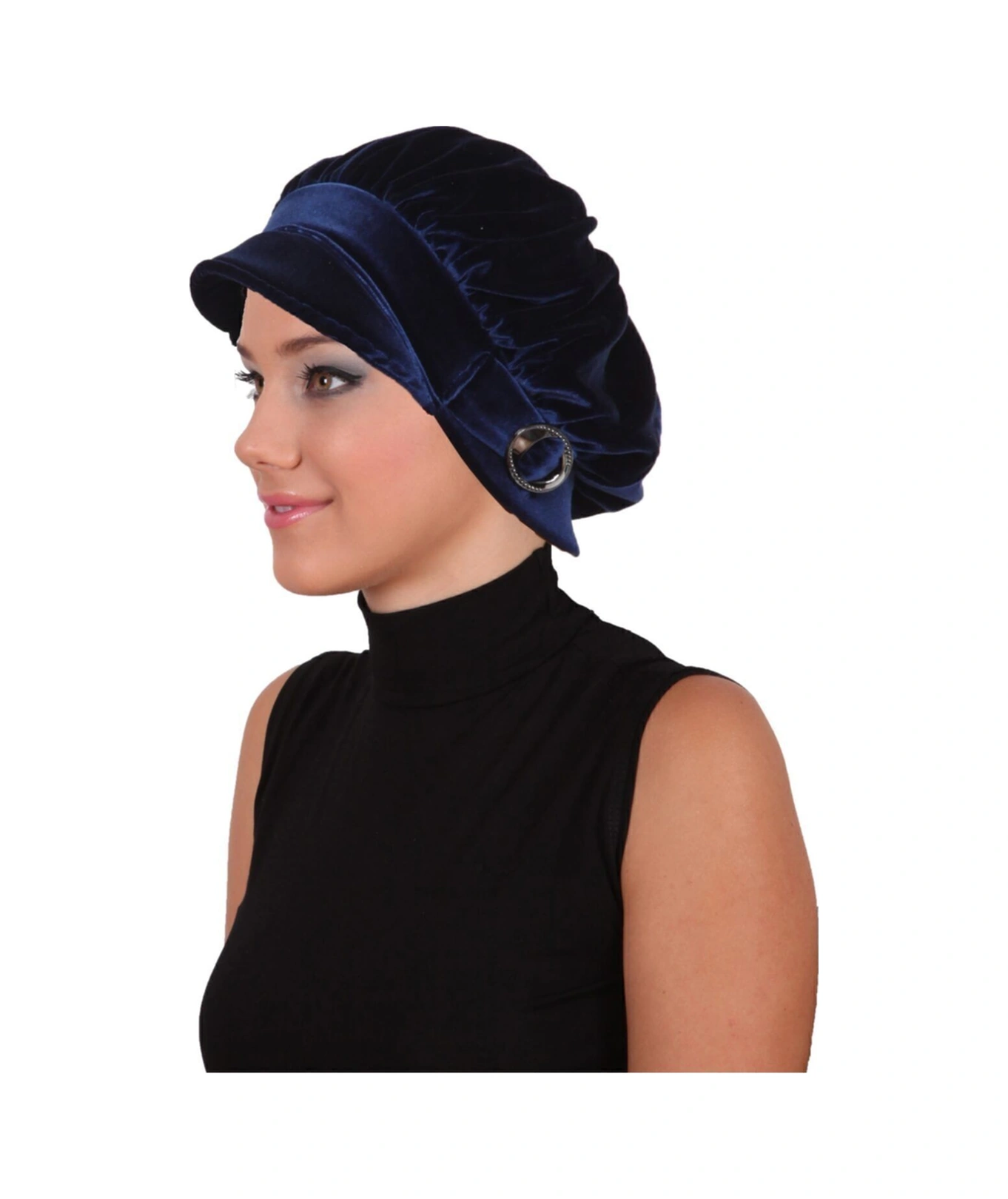 Kadife Şapka Toka Detaylı Lacivert Hazır Türban Tesettür Bone Lacivert