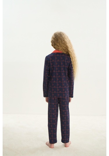 Sevim Kız Çocuk Uzun Kol Gömlek Yaka Önden Düğmeli Lacivert Pijama Takım C0t1n7o8 001