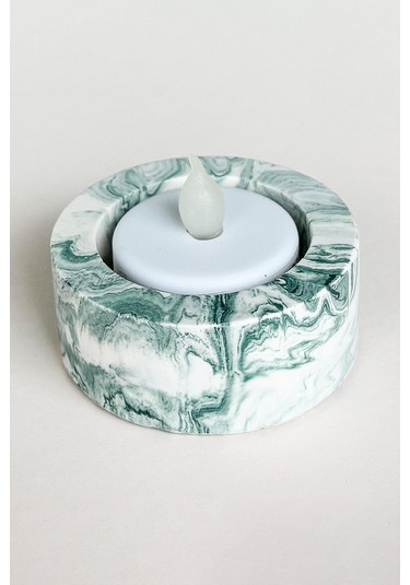 El Yapımı Mermer Desenli Yeşil Beton Tealight Mumluk Minimal Dekoratif Mumluk 3 Adet Yeşil