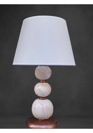 Üç Toplu Abajur Krem Çinili Krem Şapkalı Beyaz