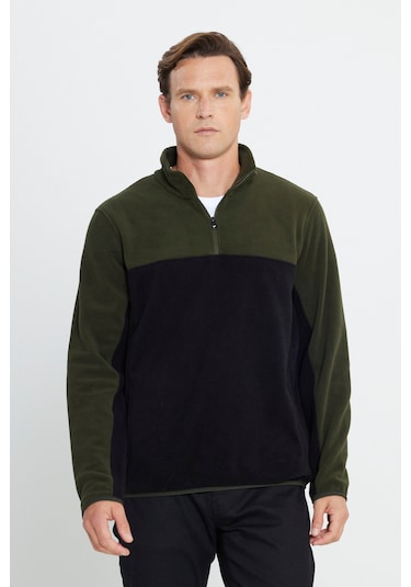 AC&Co / Altınyıldız Classics Erkek HAKI-SIYAH Anti-Pilling Tüylenme Yapmayan Standart Fit Bato Yaka İçi Polarlı Polar Sweatshirt 4A5221100015HSYXL