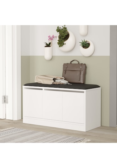 Comfort Puflu Minderli Oturaklı Ayakkabılık 3 Kapaklı Dolap Beyaz