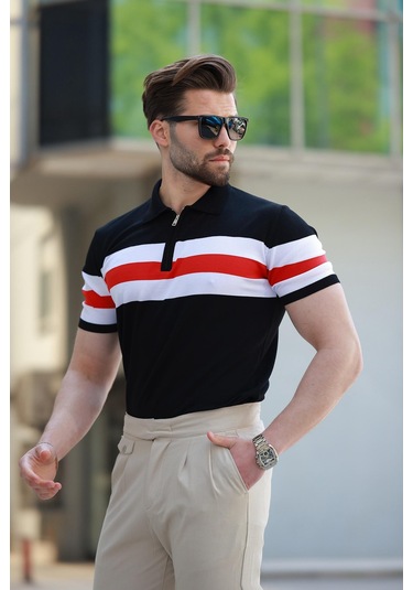 Madmext Siyah Fermuarlı Polo Yaka Çizgili Erkek Tişört E7406 Siyah