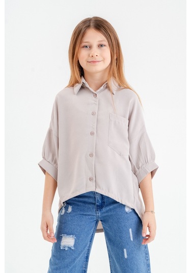 Kız Çocuk Arkası Pileli Gömlek 3119 Bej