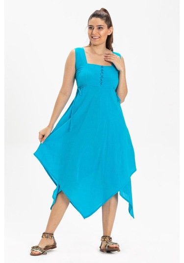 Kolsuz Şile Bezi Üçgen Katlı Midi Boy Yazlık Elbise Turkuaz Trkz Turkuaz