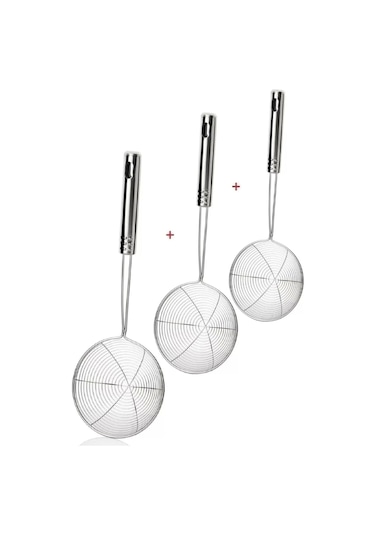 Çelik Kevgir Süzgeç Patates Kızartma Süzgeci Paslanmaz Tel Servis Seti 3lü Kevgir