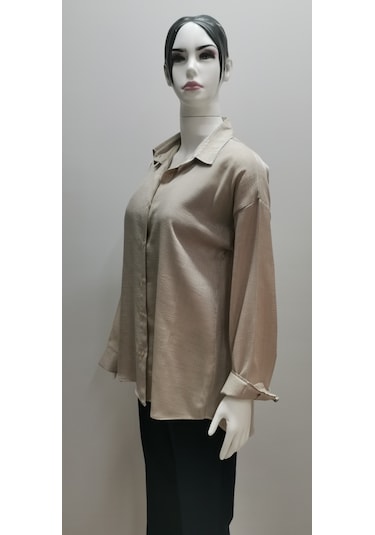 Kadın Uzun Kollu Salaş Parlak Simli Kumaş Pamuk Gömlek Bej