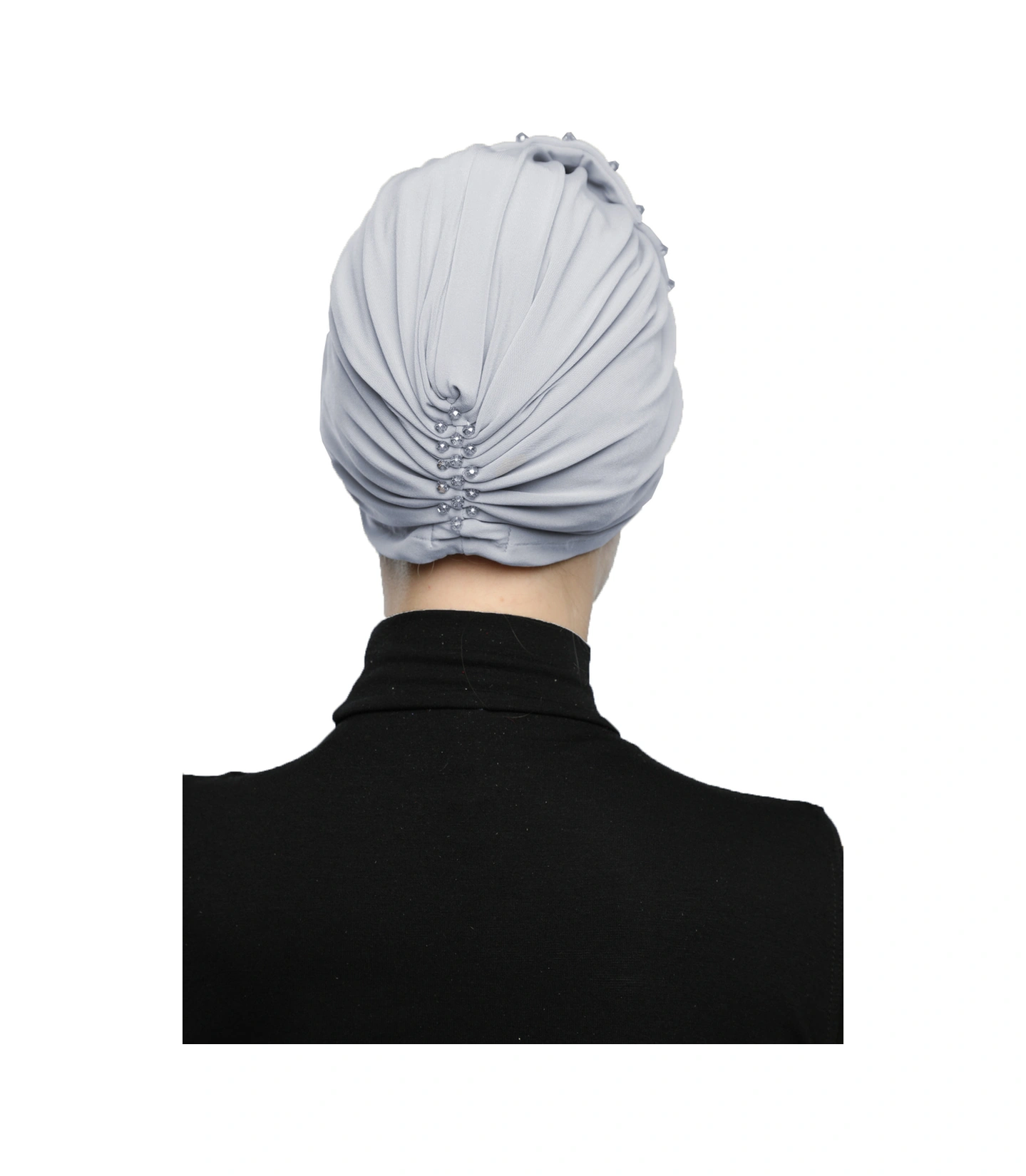 Kristal Yelpaze Taş Işlemeli Çift Taraflı Astarlı Açık Gri Hazır Türban Tesettür Abiye Bone Açık Gri
