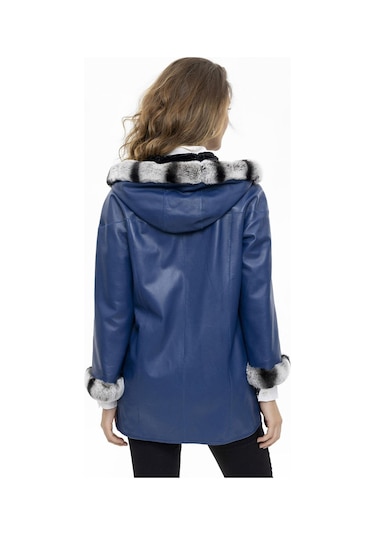 Mavi Perla Geniş Kesim İçi Kumaş Çift Taraflı Kapüşon Ve Kol Ağzı Kürklü Kadın Hakiki Deri Kaban-mavi Mavi