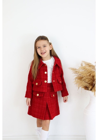 Kız Çocuk Carmen Kırmızı Tüvit Uzun Kollu Düğmeli Etek Ceket Takım Kırmızı