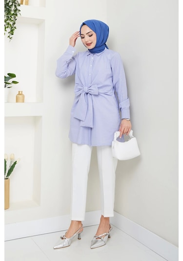 Çizgili Poplin Bağlamalı Gömlek - Mavi / Ü103 Mavi