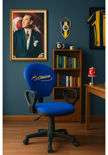 Atatürk Fb Taraftar Temalı Çocuk Çalışma Koltuğu Sarı Lacivert Tekerlekli Döner Ofis Ders Sandalyesi Lacivert