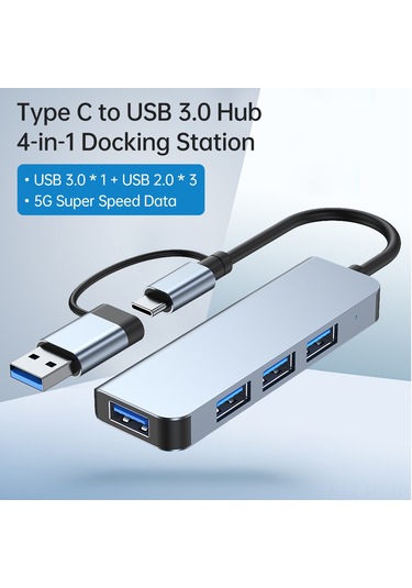 Mufunye Type-c Dönüştürücü Usb Hub, 4 Portlu Usb 3.0 1adet + Usb 2.0 3adet , 5gbps Transfer Hızı, Alüminyum Gövde, Gri Renk