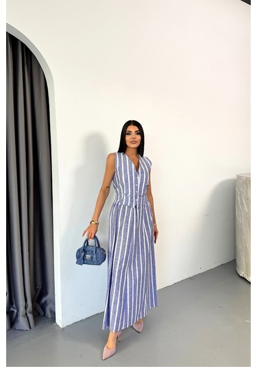 Sensuelle Keten Çizgili Yelek - Uzun Etek Takım - Mavi Mavi