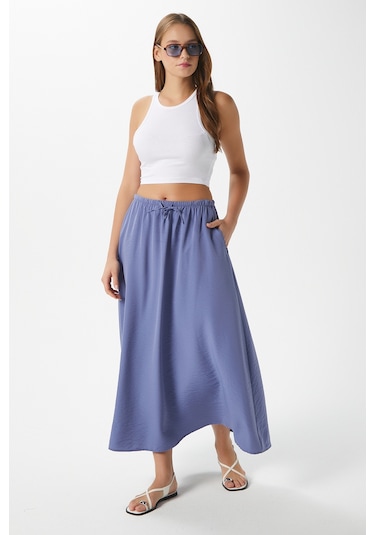 Kadın Trend Modal Serin Kumaş İndigo Bel Lastikli Cepli Rahat Kalıp Uzun Etek