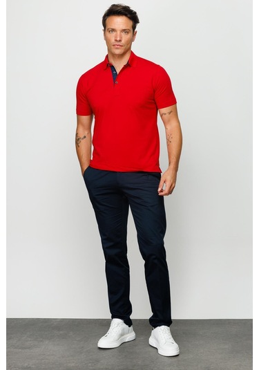 Erkek Polo Yaka Düğmeli Cepli T-shirt Kırmızı Kirmizi