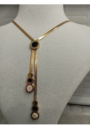 Siyah-beyaz Mineli Gold Renk Kolye Gold