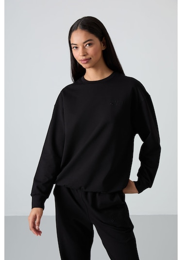 Tommy Life Siyah Basic Pamuklu O Yaka Oversize Lastik Paça Kadın Eşofman Takım - 95287 Siyah
