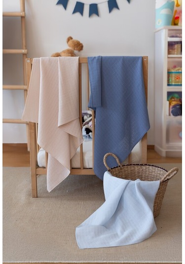 Çok Amaçlı Müslin Örtü & Battaniye 3'lü Set Pamuk Oeko-teks Sertifikalı 80x80 Cm Bebe Mavi