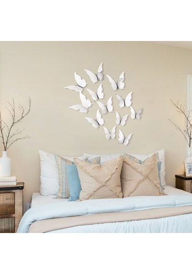 Jeehugo Gümüş 3d Kelebek Duvar Sticker, Ev Dekorasyonu, Salon Odası, Dıy Tasarım, Parlak Kağıt Malzeme, 12 Adet + Tutkal Noktaları Gümüş