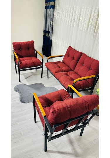 Madame Home Kalanşo Balkon, Bahçe,teras,cafe - Salon - Metal Kanepe Koltuk Takımı Çay Seti 2+1+1 Bordo